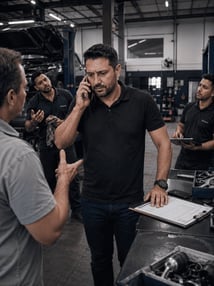 Dono de oficina no telefone