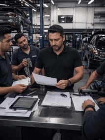 Equipe da oficina perguntando ao dono