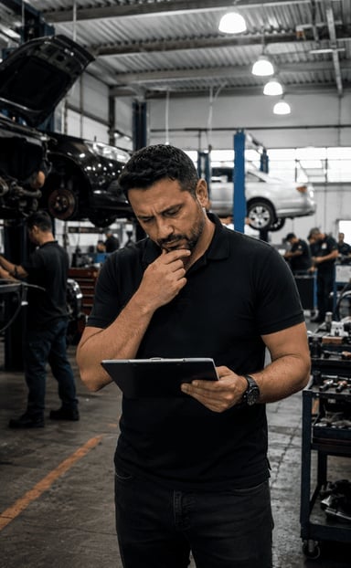 Dono de oficina refletindo com tablet na mão